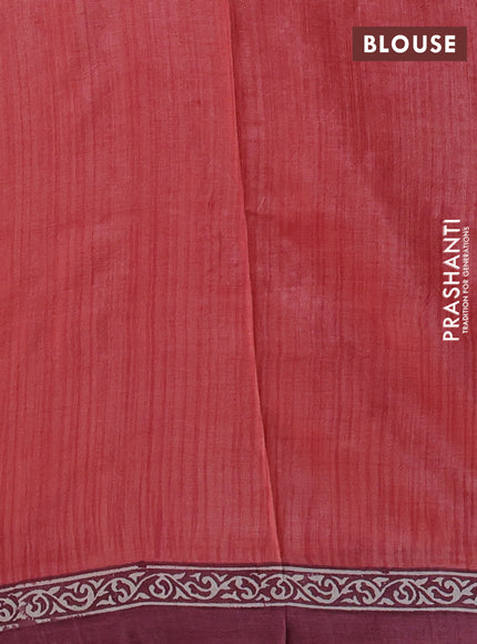 Pure tussar silk saree peach shade and cream  with plain body and blocked printed border
