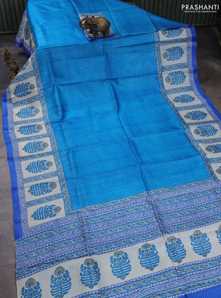 Pure tussar silk saree cs blue off white and blue with plain body and blocked printed border
