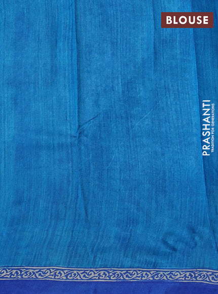 Pure tussar silk saree cs blue off white and blue with plain body and blocked printed border