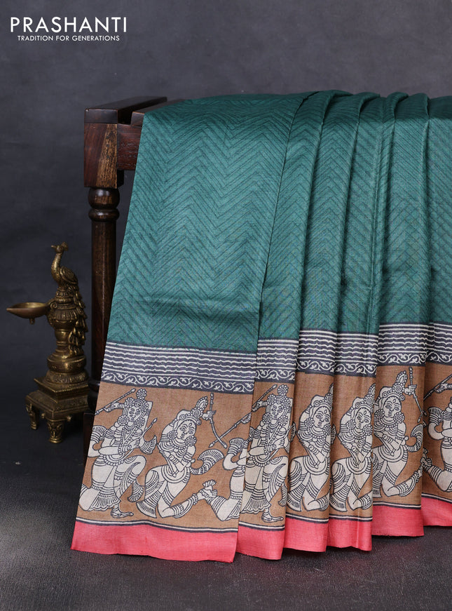 Pure tussar silk saree pastel green and peach red dark sandal with allover block prints and printed border
