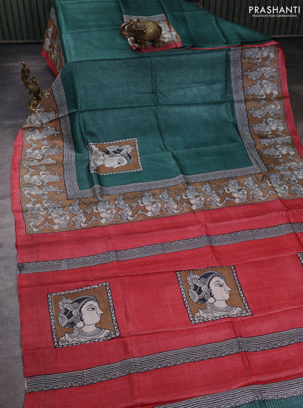 Pure tussar silk saree pastel green and peach red dark sandal with allover block prints and printed border