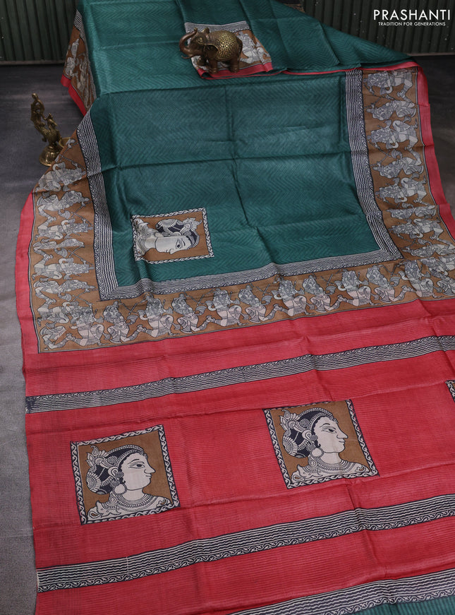 Pure tussar silk saree pastel green and peach red dark sandal with allover block prints and printed border