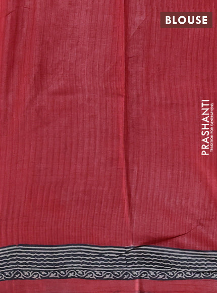 Pure tussar silk saree pastel green and peach red dark sandal with allover block prints and printed border