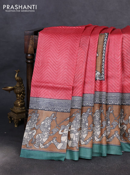 Pure tussar silk saree red and brown green with kalamkari butta block prints and blocked printed border