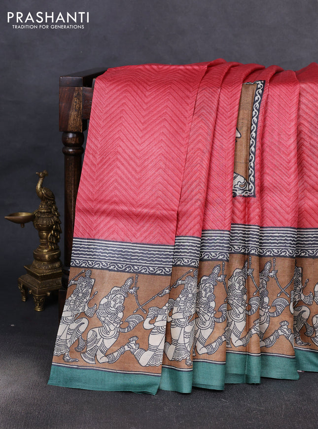 Pure tussar silk saree red and brown green with kalamkari butta block prints and blocked printed border