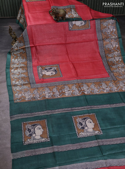 Pure tussar silk saree red and brown green with kalamkari butta block prints and blocked printed border