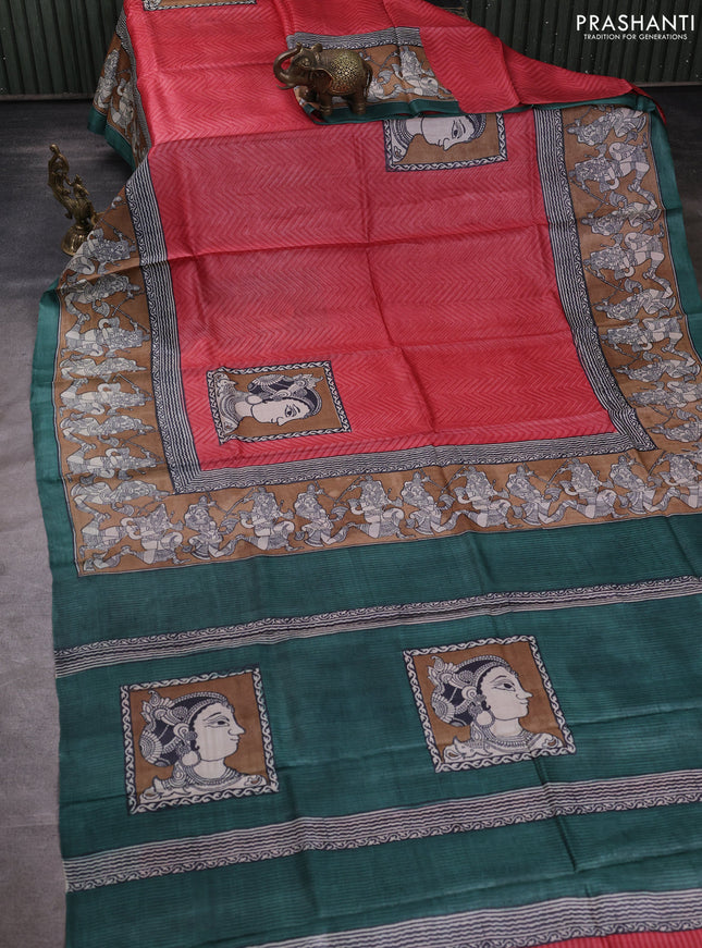 Pure tussar silk saree red and brown green with kalamkari butta block prints and blocked printed border