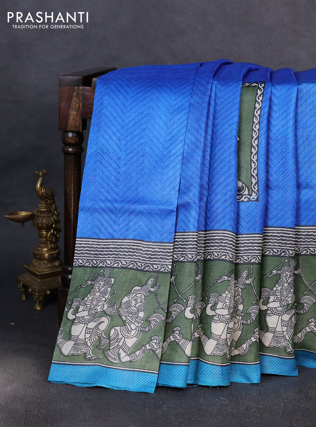 Pure tussar silk saree blue and green cs blue with kalamkari butta block prints and blocked printed border