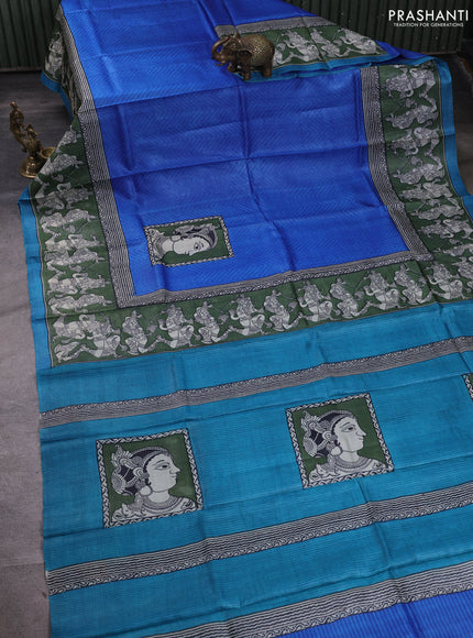 Pure tussar silk saree blue and green cs blue with kalamkari butta block prints and blocked printed border