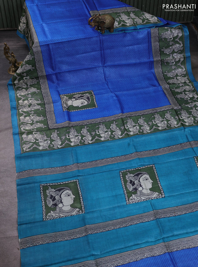Pure tussar silk saree blue and green cs blue with kalamkari butta block prints and blocked printed border