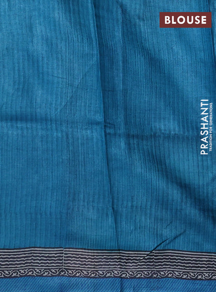 Pure tussar silk saree blue and green cs blue with kalamkari butta block prints and blocked printed border