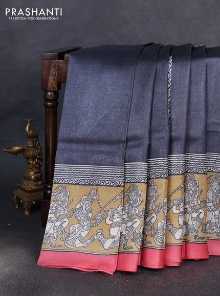 Pure tussar silk saree elephant grey and sandal red with kalamkari butta block prints and blocked printed border