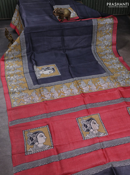 Pure tussar silk saree elephant grey and sandal red with kalamkari butta block prints and blocked printed border