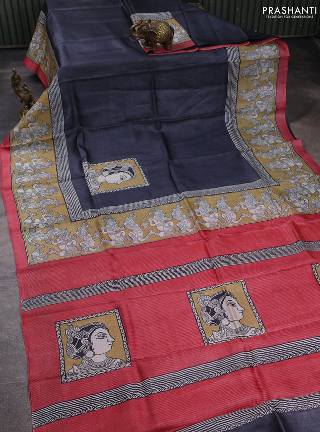 Pure tussar silk saree elephant grey and sandal red with kalamkari butta block prints and blocked printed border