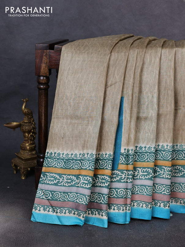 Pure tussar silk saree elaichi green and cs blue with plain body and blocked printed border