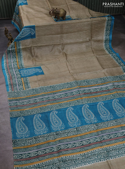 Pure tussar silk saree elaichi green and cs blue with plain body and blocked printed border