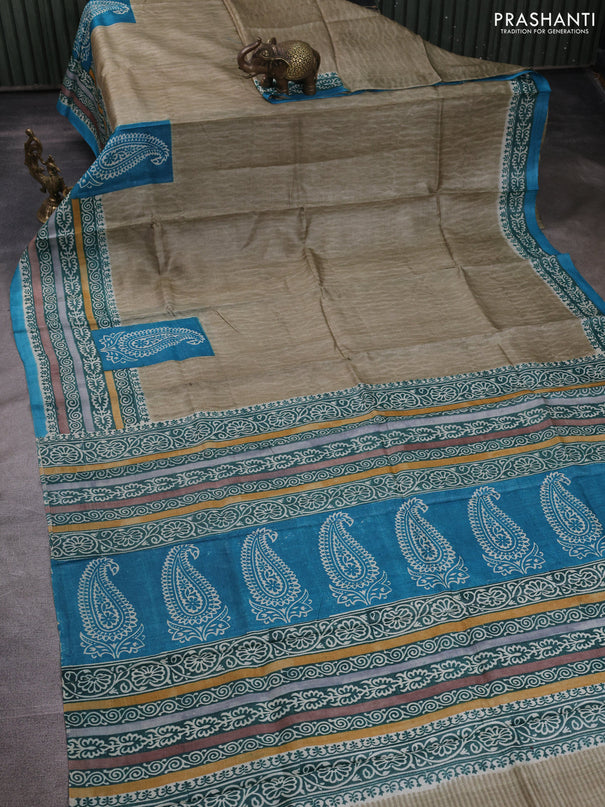 Pure tussar silk saree elaichi green and cs blue with plain body and blocked printed border