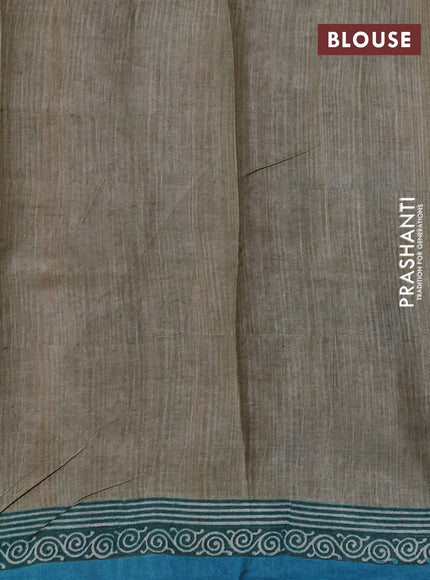 Pure tussar silk saree elaichi green and cs blue with plain body and blocked printed border