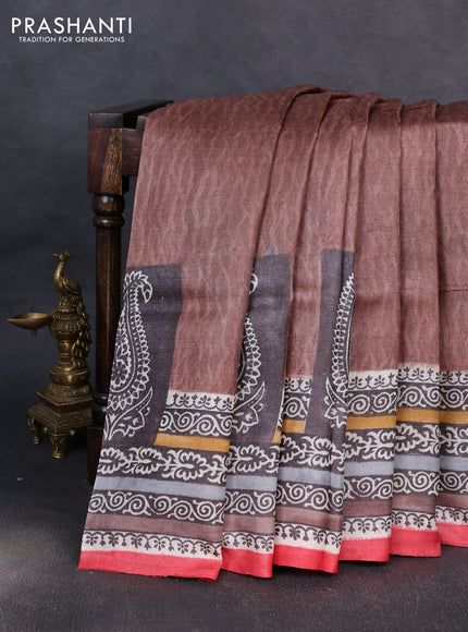 Pure tussar silk saree pastel brown and red shade with plain body and blocked printed border