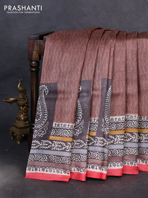 Pure tussar silk saree pastel brown and red shade with plain body and blocked printed border