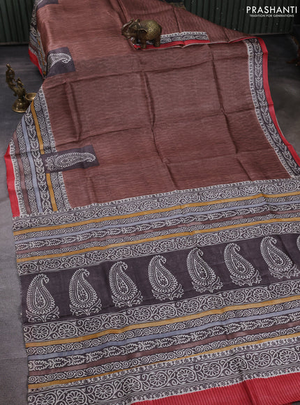 Pure tussar silk saree pastel brown and red shade with plain body and blocked printed border