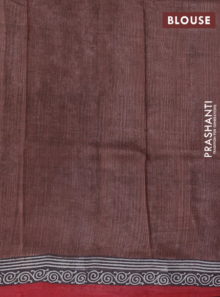 Pure tussar silk saree pastel brown and red shade with plain body and blocked printed border