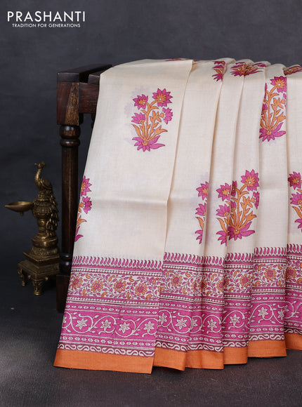 Pure tussar silk saree cream and pink rust shade with floral butta block prints and blocked printed border