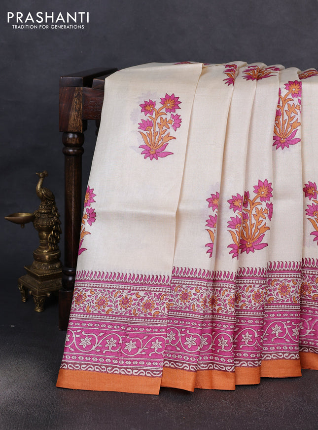 Pure tussar silk saree cream and pink rust shade with floral butta block prints and blocked printed border