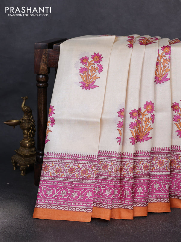 Pure tussar silk saree cream and pink rust shade with floral butta block prints and blocked printed border