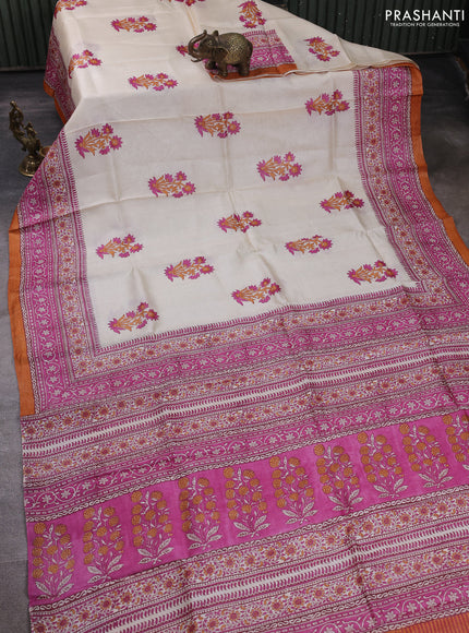 Pure tussar silk saree cream and pink rust shade with floral butta block prints and blocked printed border