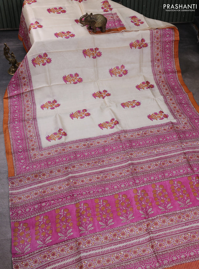 Pure tussar silk saree cream and pink rust shade with floral butta block prints and blocked printed border