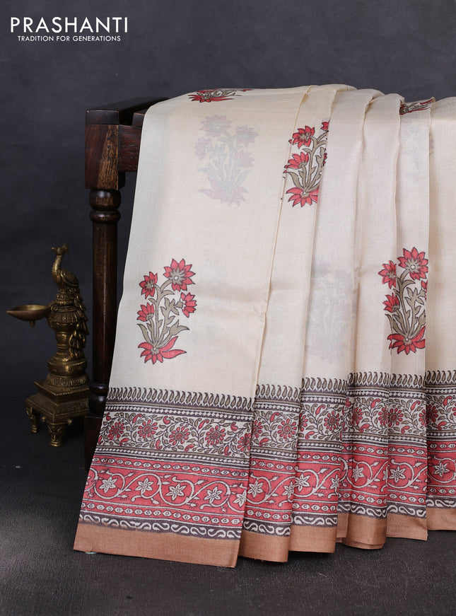 Pure tussar silk saree cream and red shade sandal with floral butta block prints and blocked printed border