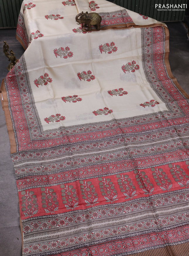 Pure tussar silk saree cream and red shade sandal with floral butta block prints and blocked printed border