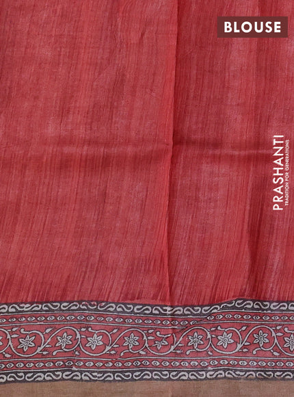 Pure tussar silk saree cream and red shade sandal with floral butta block prints and blocked printed border