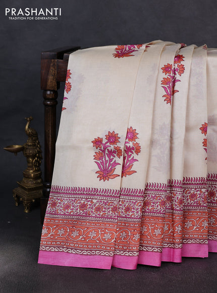 Pure tussar silk saree cream and pink orange with floral butta block prints and blocked printed border