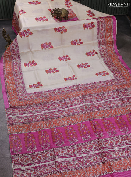 Pure tussar silk saree cream and pink orange with floral butta block prints and blocked printed border