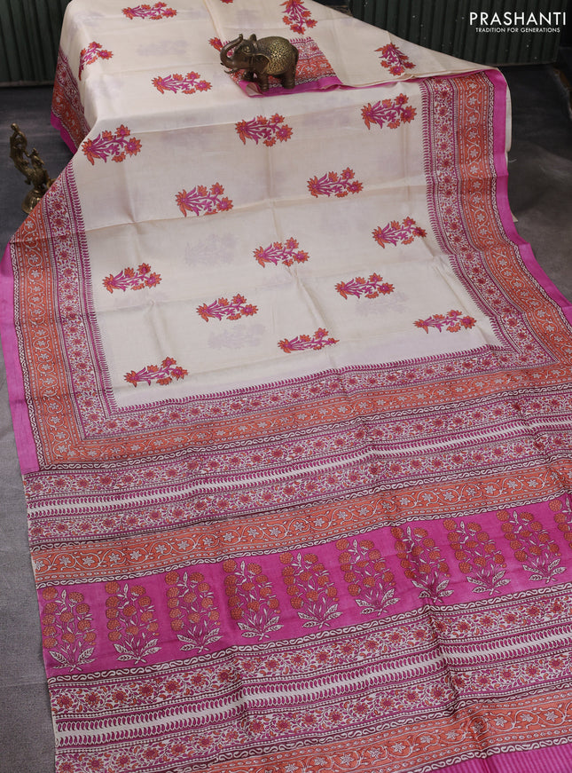 Pure tussar silk saree cream and pink orange with floral butta block prints and blocked printed border