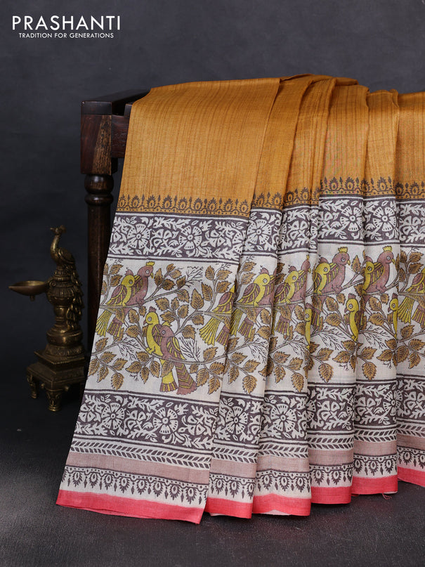 Pure tussar silk saree dark mustard and cream red with plain body and long blocked printed border