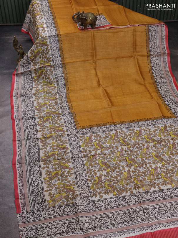Pure tussar silk saree dark mustard and cream red with plain body and long blocked printed border