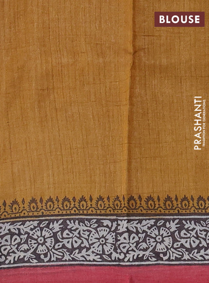 Pure tussar silk saree dark mustard and cream red with plain body and long blocked printed border