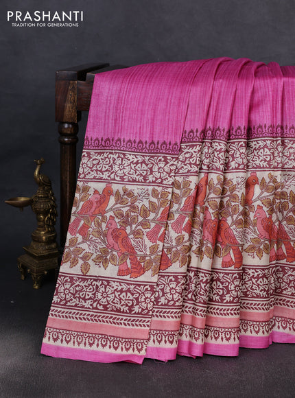 Pure tussar silk saree pink and cream with plain body and long blocked printed border