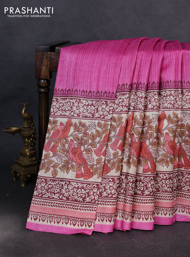 Pure tussar silk saree pink and cream with plain body and long blocked printed border