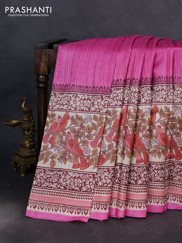 Pure tussar silk saree pink and cream with plain body and long blocked printed border