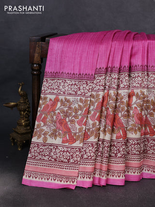 Pure tussar silk saree pink and cream with plain body and long blocked printed border