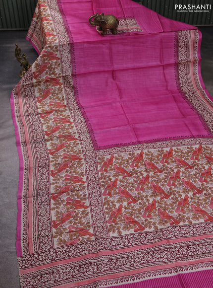 Pure tussar silk saree pink and cream with plain body and long blocked printed border