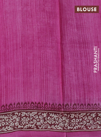Pure tussar silk saree pink and cream with plain body and long blocked printed border