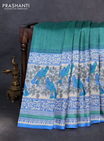 Pure tussar silk saree teal green and cream blue with plain body and long blocked printed border