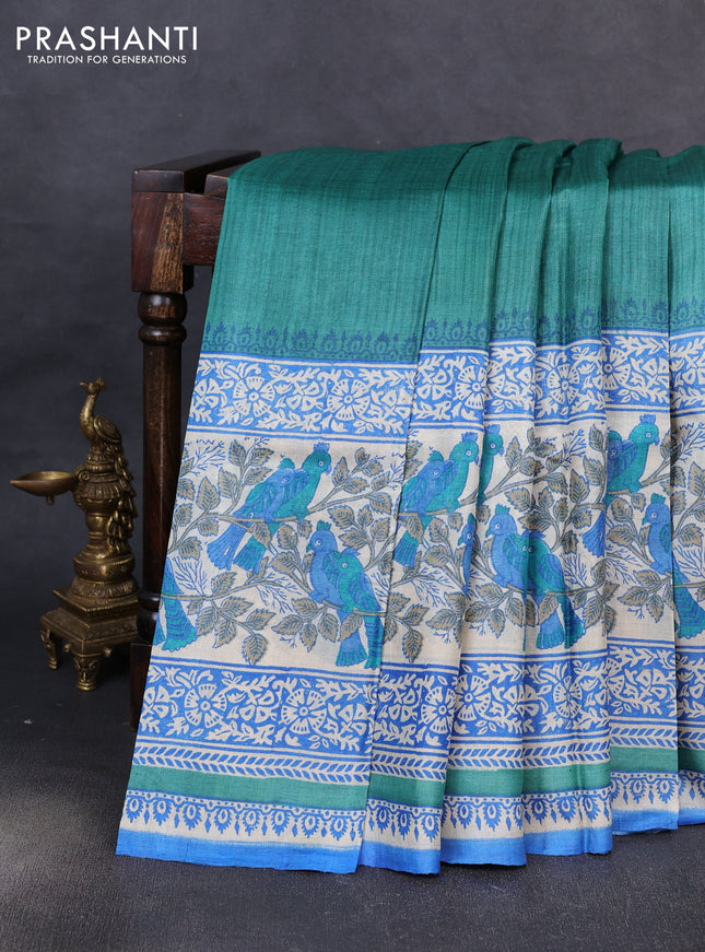Pure tussar silk saree teal green and cream blue with plain body and long blocked printed border