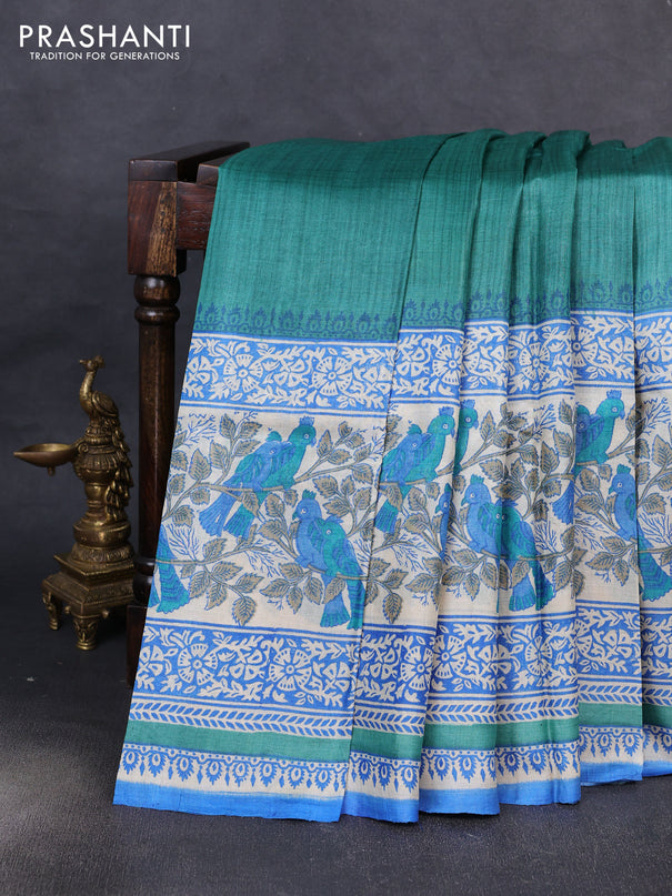 Pure tussar silk saree teal green and cream blue with plain body and long blocked printed border