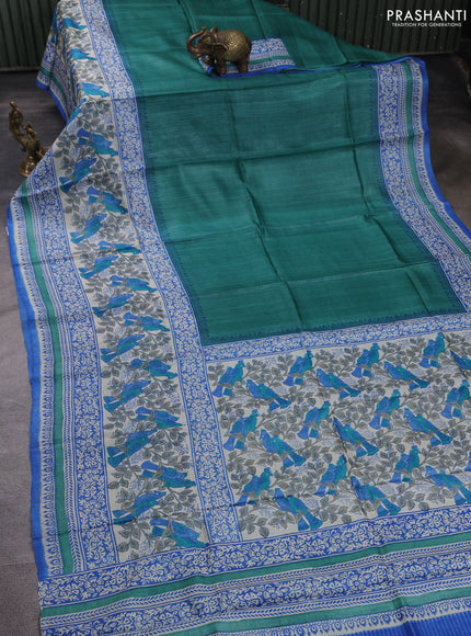 Pure tussar silk saree teal green and cream blue with plain body and long blocked printed border